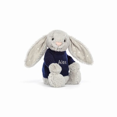 Jellycat Bashful Shimmer Bunny with Navy Jumper UK | 47219JZHI